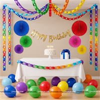 Rainbow Paper Chain Loop Happy Birthday kit with Paper Fans