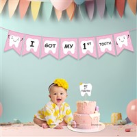Pink First Tooth Banner and Cake Topper Kit (Pack of 2 Pcs)
