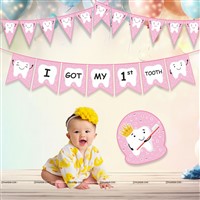 Pink First Tooth Banner, Triangle Bunting and Tooth Poster Kit (Pack of 3)