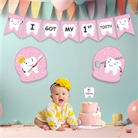 Pink First Tooth Banner, Cake Topper and Poster Kit ( Pack of 4)