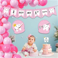 Pink First Tooth Banner, Topper, Poster and Balloons Kit (Pack of 24)