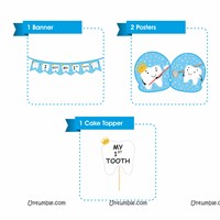 Blue First Tooth Banner, Cake Topper and Poster Kit ( Pack of 4)
