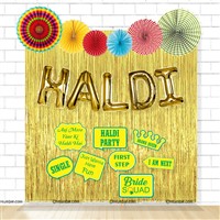 Haldi Foil Balloon and Paper Fan Curtain Kit with Photo Props