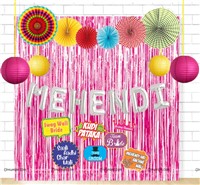 Mehendi Foil Balloon,Lantern and Paper Fan Curtain Kit with Photo Props - Pink